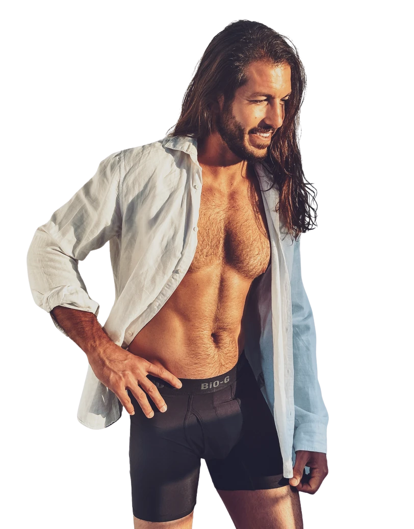 Man wearing black BiO-G boxer briefs